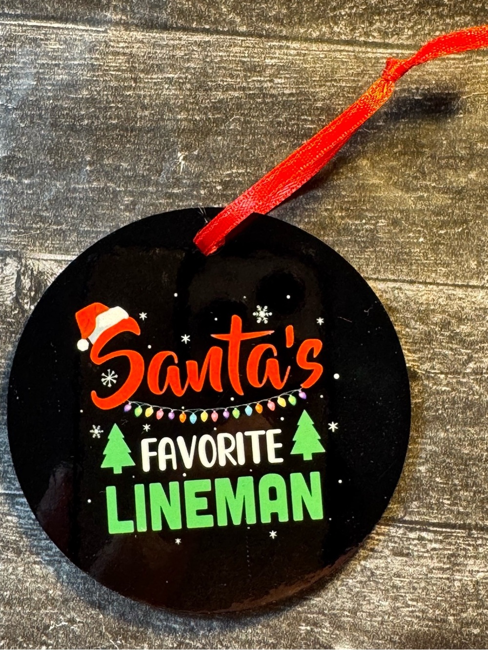 Santa's Favorite Lineman Red And Green Round Wooden Christmas Ornament New Gift